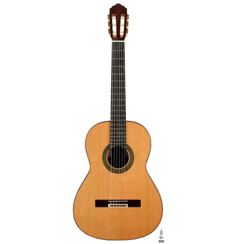 The front of a 2025 Teodoro Perez "Estudio C-650" classical guitar made of cedar and Indian rosewood.