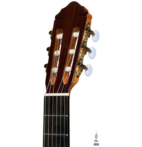 The headstock of a 2025 Teodoro Perez "Estudio C-650" classical guitar made of cedar and Indian rosewood.
