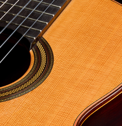 The soundboard and rosette of a 2026 Teodoro Perez "Estudio C-650" classical guitar made of cedar and Indian rosewood