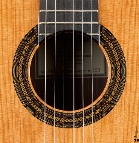 The rosette of a 2026 Teodoro Perez "Estudio C-650" classical guitar made of cedar and Indian rosewood
