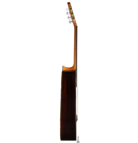 The side of a 2026 Teodoro Perez "Estudio C-650" classical guitar made of cedar and Indian rosewood