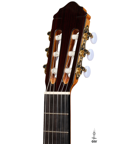 The headstock of a 2026 Teodoro Perez "Estudio C-650" classical guitar made of cedar and Indian rosewood