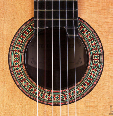 The rosette of a 2016 Teodoro Perez "50th Anniversary" classical guitar made of cedar and CSA rosewood