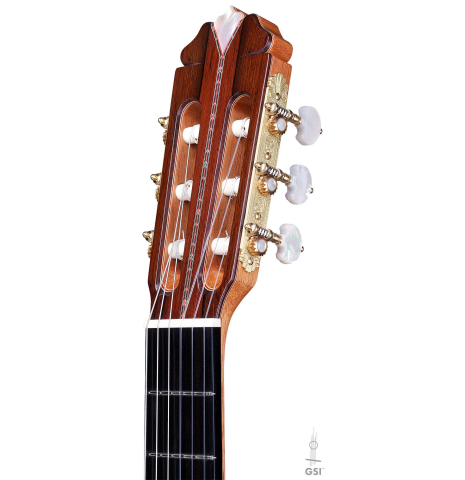 The headstock of a 2016 Teodoro Perez "50th Anniversary" classical guitar made of cedar and CSA rosewood