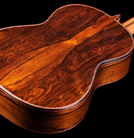 The back and sides of a 2016 Teodoro Perez "50th Anniversary" classical guitar made of cedar and CSA rosewood