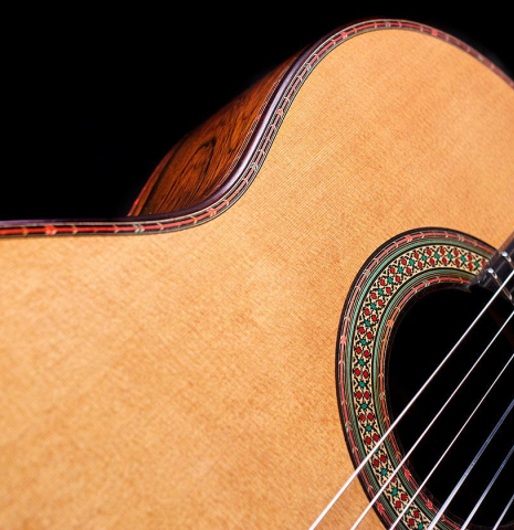 The soundboard of a 2016 Teodoro Perez "50th Anniversary" classical guitar made of cedar and CSA rosewood
