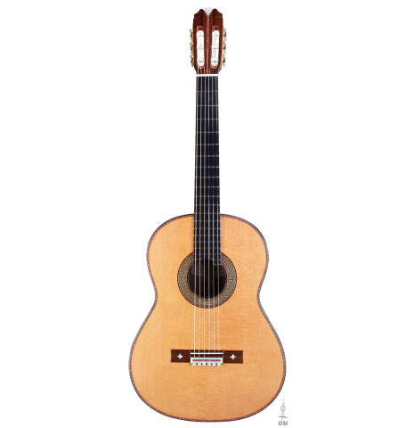 The front of a 2016 Teodoro Perez "50th Anniversary" classical guitar made of cedar and CSA rosewood