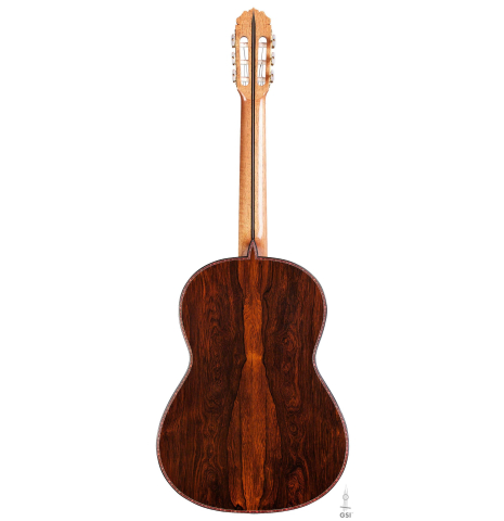 The back of a 2016 Teodoro Perez "50th Anniversary" classical guitar made of cedar and CSA rosewood