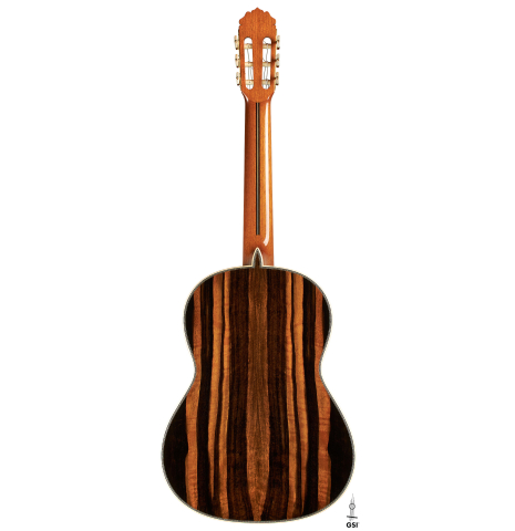 The back of a 2024 Teodoro Perez "Especial" classical guitar made of spruce and African ebony