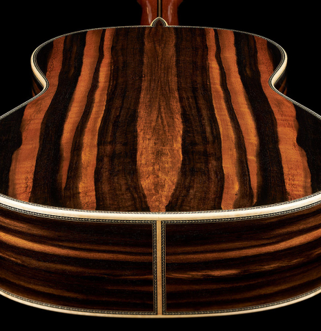 The back and sides at the foot of a 2024 Teodoro Perez "Especial" classical guitar made of spruce and African ebony