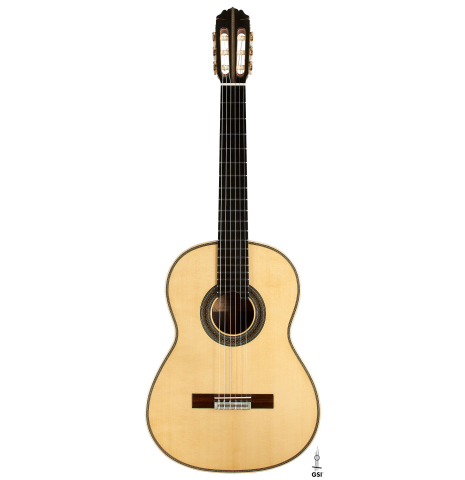 The front of a 2024 Teodoro Perez "Especial" classical guitar made of spruce and African ebony