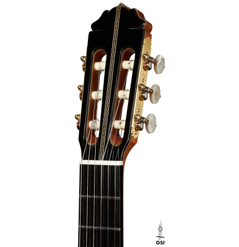 The headstock of a 2024 Teodoro Perez "Especial" classical guitar made of spruce and African ebony