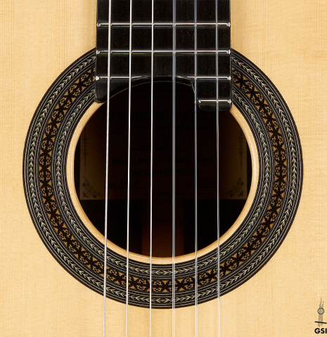 The rosette of a 2024 Teodoro Perez "Especial" classical guitar made of spruce and African ebony