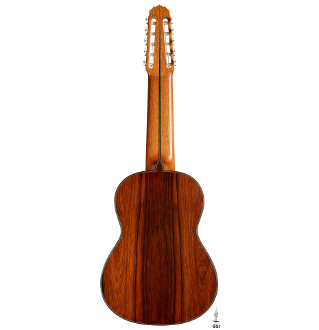 The back of a 2006 Teodoro Perez "Maestro 10-string" classical guitar made of spruce and African rosewood