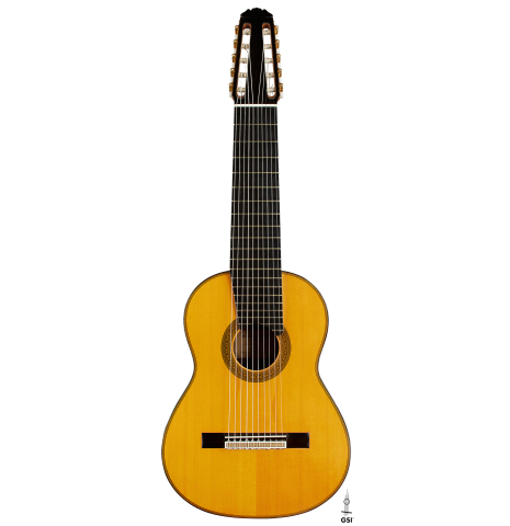 The front of a 2006 Teodoro Perez "Maestro 10-string" classical guitar made of spruce and African rosewood