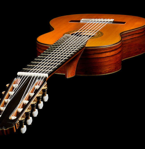 View from the headstock of a 2006 Teodoro Perez "Maestro 10-string" classical guitar made of spruce and African rosewood