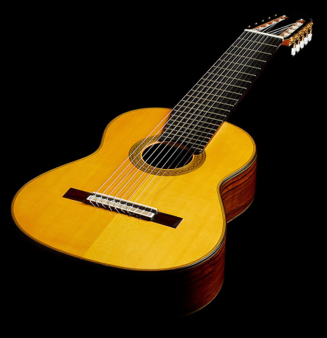 The top and sides of a 2006 Teodoro Perez "Maestro 10-string" classical guitar made of spruce and African rosewood