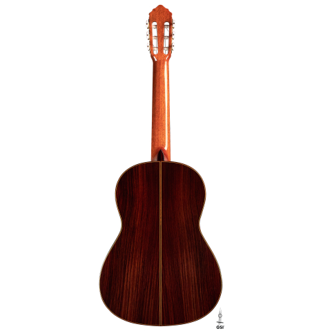 The back of a 2023 Teodoro Perez "Estudio C-650" classical guitar made of spruce and Indian rosewood.