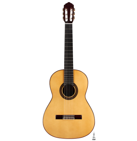 The front of a 2023 Teodoro Perez "Estudio C-650" classical guitar made of spruce and Indian rosewood.