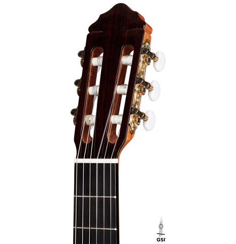 The headstock of a 2023 Teodoro Perez &quot;Estudio C-650&quot; classical guitar made of spruce and Indian rosewood.