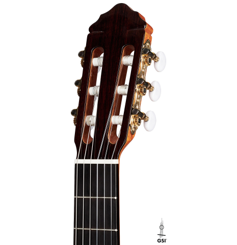 The headstock of a 2023 Teodoro Perez "Estudio C-650" classical guitar made of spruce and Indian rosewood.