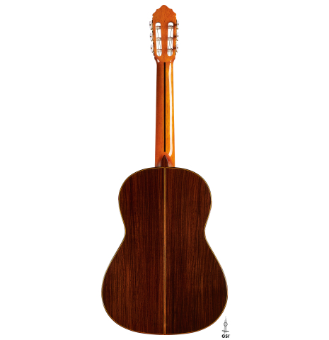 The back of a 2024 Teodoro Perez "Estudio C-650" classical guitar made of spruce and Indian rosewood.