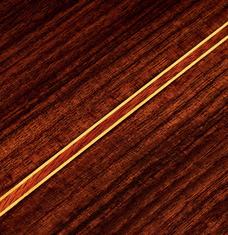 The back center seam of a 2024 Teodoro Perez "Estudio C-650" classical guitar made of spruce and Indian rosewood.