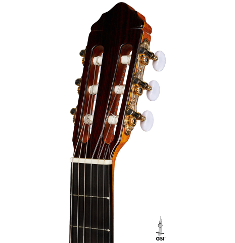 The headstock of a 2024 Teodoro Perez "Estudio C-650" classical guitar made of spruce and Indian rosewood.