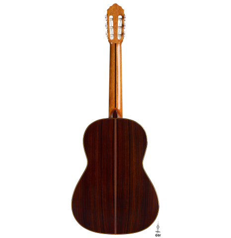 The back of a 2025 Teodoro Perez "Estudio C-650" classical guitar made of spruce and Indian rosewood