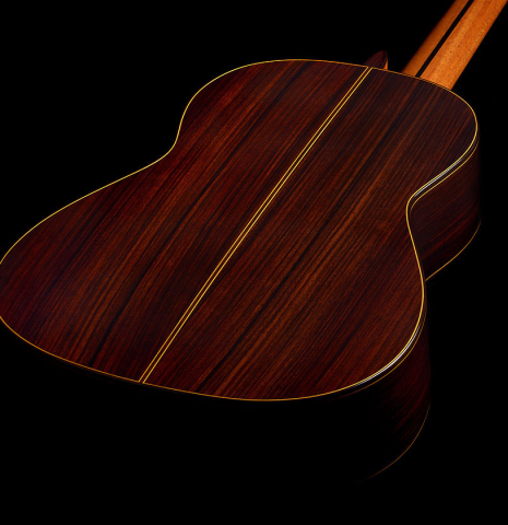 The back and sides of a 2025 Teodoro Perez "Estudio C-650" classical guitar made of spruce and Indian rosewood