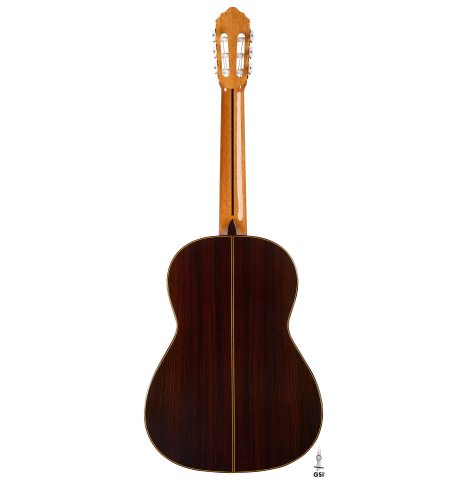 The back of a 2026 Teodoro Perez "Estudio C-650" classical guitar made of spruce and Indian rosewood