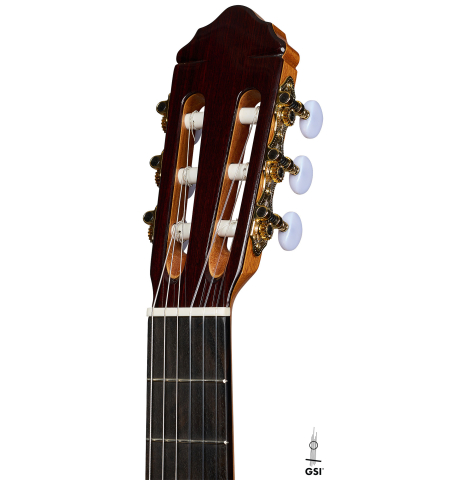 The headstock of a 2026 Teodoro Perez "Estudio C-650" classical guitar made of spruce and Indian rosewood