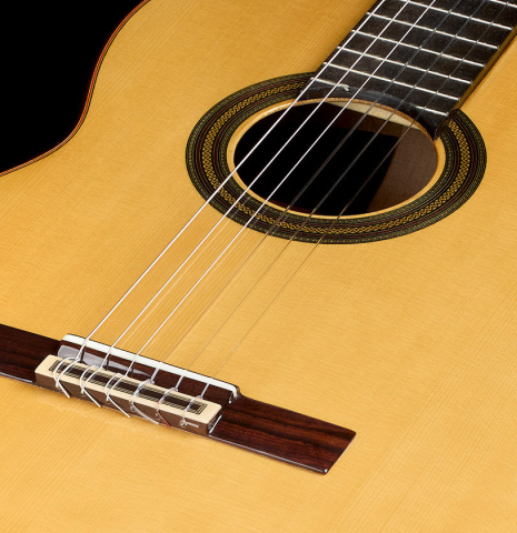 The sounboard of a 2026 Teodoro Perez "Estudio C-650" classical guitar made of spruce and Indian rosewood