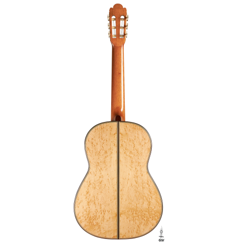 The back of a 2024 Teodoro Perez "1884 Torres - La Emperatriz" classical guitar made of spruce and maple