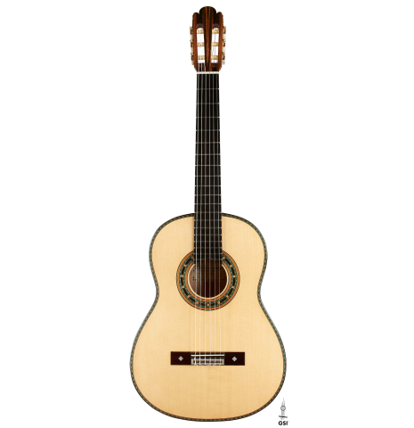 The front of a 2024 Teodoro Perez "1884 Torres - La Emperatriz" classical guitar made of spruce and maple