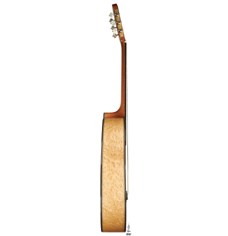 The side of a 2024 Teodoro Perez "1884 Torres - La Emperatriz" classical guitar made of spruce and maple