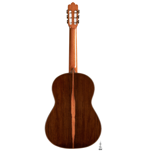The back of a 2023 Sergio Perez "Segovia" model of classical guitar made of cedar and green ebony. 