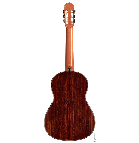 The back of a 2023 Teodoro Perez "Antigua" classical guitar made of cedar and Indian rosewood.