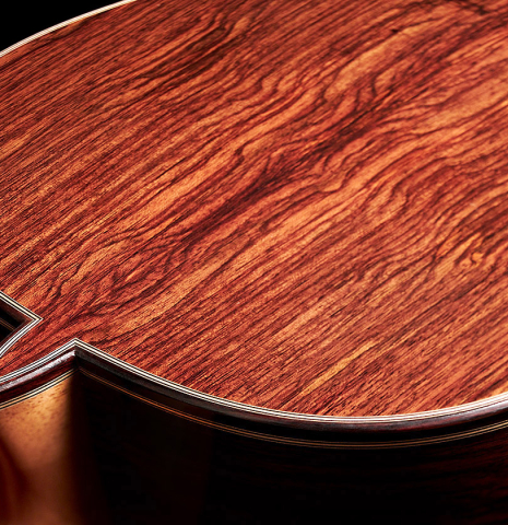 The back of a 2023 Teodoro Perez "Antigua" classical guitar made of cedar and Indian rosewood.