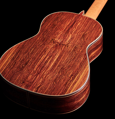 The back of a 2023 Teodoro Perez "Antigua" classical guitar made of cedar and Indian rosewood.
