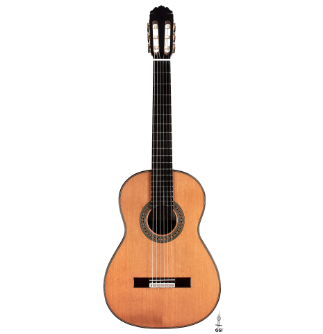 The front of a 2023 Teodoro Perez "Antigua" classical guitar made of cedar and Indian rosewood.