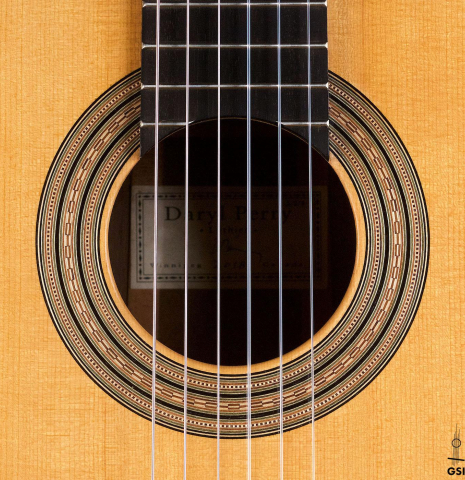 The rosette of a 2018 Daryl Perry "1888 Torres, ex Tarrega" classical guitar made with spruce and CSA rosewood The rosette of a 2018 Daryl Perry "1888 Torres, ex Tarrega" classical guitar made with spruce and CSA rosewood