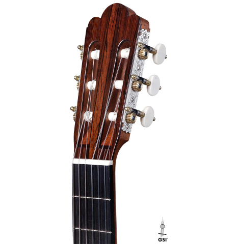 The headstock and machine heads of a 2018 Daryl Perry &quot;1888 Torres, ex Tarrega&quot; classical guitar made with spruce and CSA rosewood