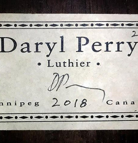 The label of a 2018 Daryl Perry "1888 Torres, ex Tarrega" classical guitar made with spruce and CSA rosewood The label of a 2018 Daryl Perry "1888 Torres, ex Tarrega" classical guitar made with spruce and CSA rosewood