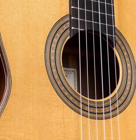 The soundboard of a 2018 Daryl Perry "1888 Torres, ex Tarrega" classical guitar made with spruce and CSA rosewood The soundboard of a 2018 Daryl Perry "1888 Torres, ex Tarrega" classical guitar made with spruce and CSA rosewood