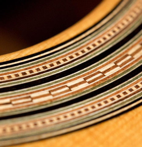 The rosette of a 2018 Daryl Perry "1888 Torres, ex Tarrega" classical guitar made with spruce and CSA rosewood The rosette of a 2018 Daryl Perry "1888 Torres, ex Tarrega" classical guitar made with spruce and CSA rosewood