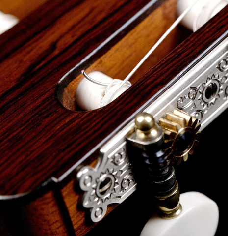 The headstock of a 2018 Daryl Perry "1888 Torres, ex Tarrega" classical guitar made with spruce and CSA rosewood The headstock of a 2018 Daryl Perry "1888 Torres, ex Tarrega" classical guitar made with spruce and CSA rosewood