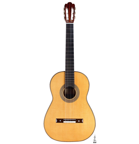 The front of a 2018 Daryl Perry "1888 Torres, ex Tarrega" classical guitar made with spruce and CSA rosewood The front of a 2018 Daryl Perry "1888 Torres, ex Tarrega" classical guitar made with spruce and CSA rosewood