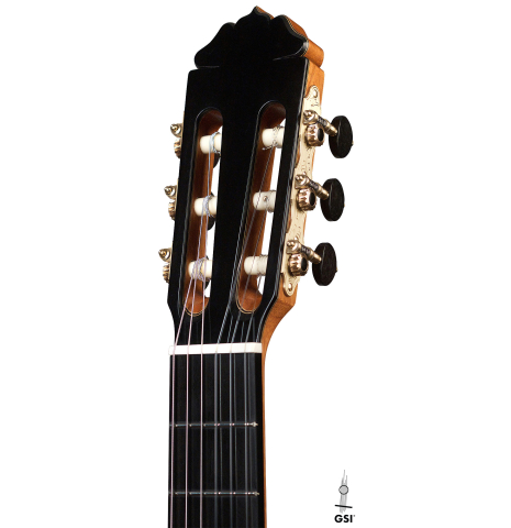 The headstock of a 2021 Teodoro Perez "Antigua" classical guitar made with cedar top and African rosewood back and sides.