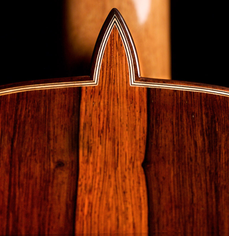 The back and heel of a 2021 Teodoro Perez "Antigua" classical guitar made with cedar top and African rosewood back and sides.